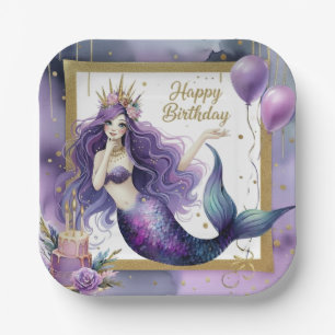 Elegant Mermaid Birthday Paper Plate Purple Floral