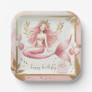 Elegant Mermaid Birthday Pink Gold Floral Paper Plate