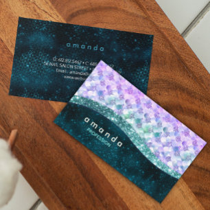 elegant mermaid iridescent faux glitter monogram business card