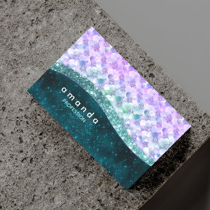 elegant mermaid iridescent faux glitter monogram Magnetic business card