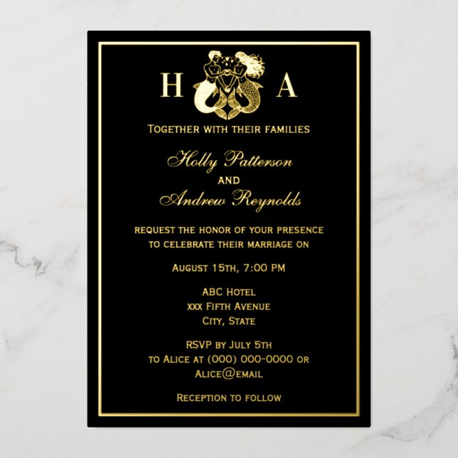 Elegant Mermaid & Merman Wedding Foil Invitation (Front)