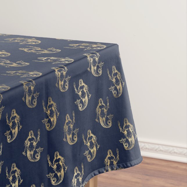 Elegant Mermaid Navy Metallic Gold Theme Party Tablecloth (In Situ)