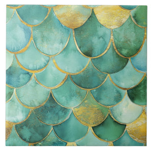 Elegant Mermaid Scales in Teal and Gold Seamless Tile
