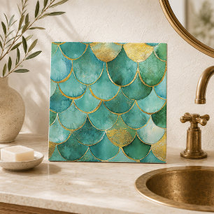 Elegant Mermaid Scales in Teal and Gold Seamless Tile