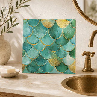 Elegant Mermaid Scales in Teal and Gold Seamless Tile