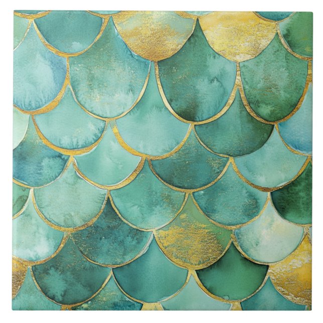 Elegant Mermaid Scales in Teal and Gold Tile (Front)