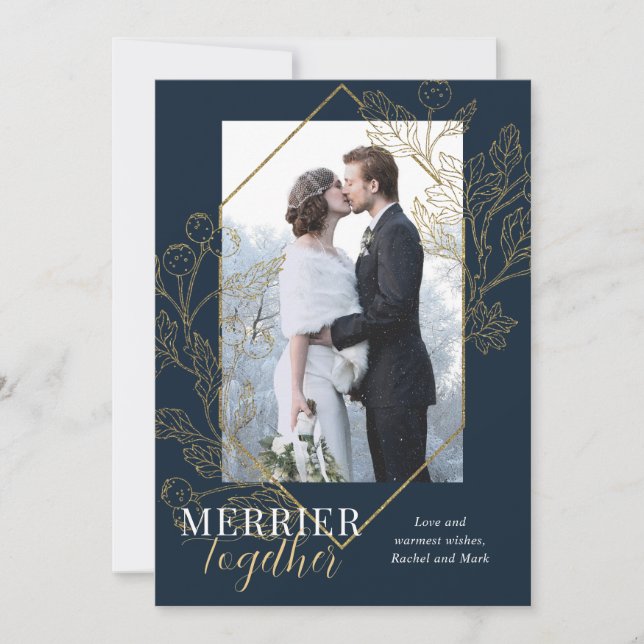 Elegant Merrier Together Newlywed Christmas Photo Holiday Card (Front)