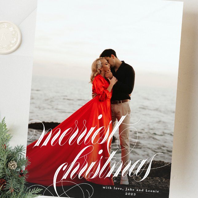 Elegant Merriest Christmas Calligraphy One Photo Holiday Card (Creator Uploaded)