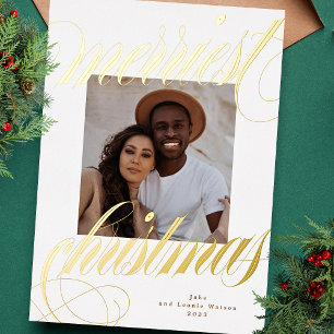 elegant merriest christmas calligraphy photo gold foil holiday card