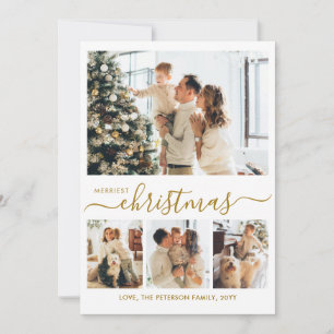 Elegant Merriest Christmas Gold Script 4 Photo Holiday Card