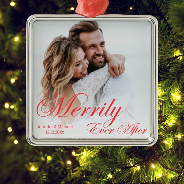 elegant merrily ever after newlyweds photo red metal tree decoration (Creator Uploaded)