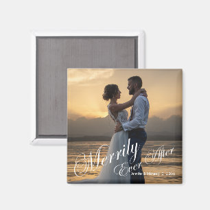 elegant merrily ever after, wedding photo holiday  magnet