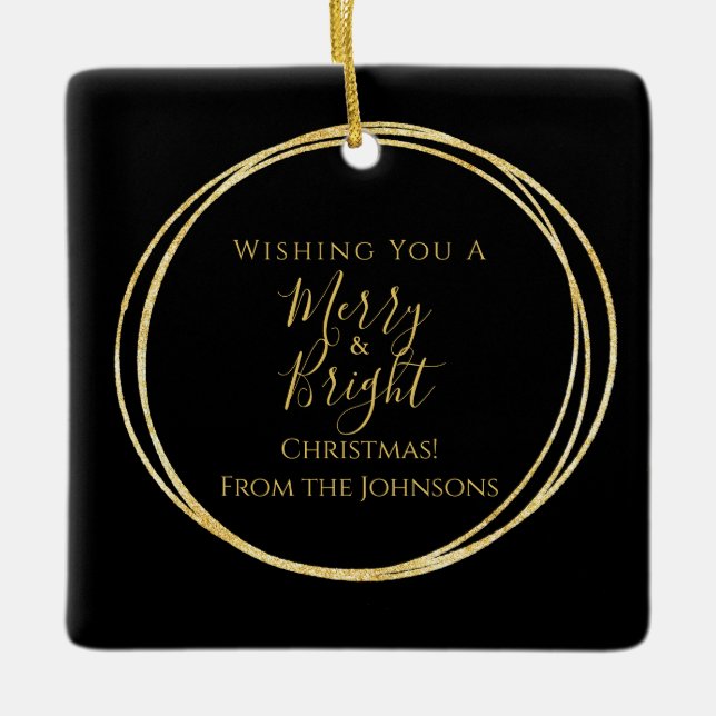 Elegant Merry and Bright Family Name Christmas Ceramic Ornament (Front)