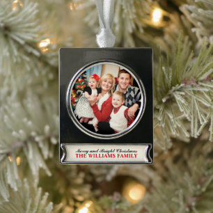 Elegant Merry and Bright Family Photo Keepsake Silver Plated Banner Ornament