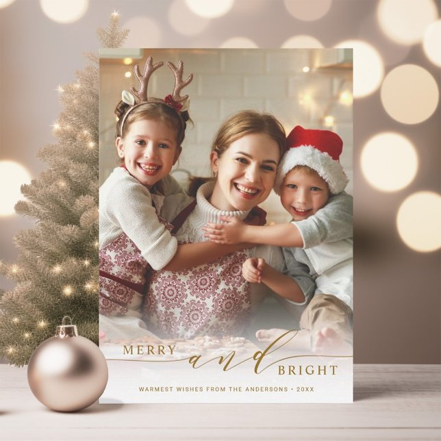 Elegant Merry and Bright Gold Script Photo Holiday Card (Creator Uploaded)