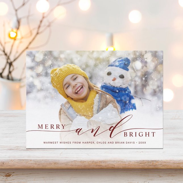Elegant Merry and Bright Red Script Photo Holiday Card (Creator Uploaded)
