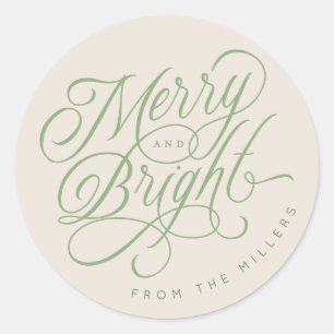 Elegant Merry and Bright script holiday custom Classic Round Sticker