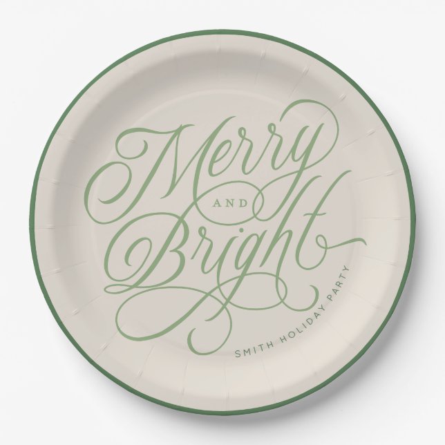 Elegant Merry and Bright script holiday custom Paper Plate (Front)