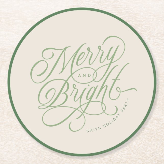 Elegant Merry and Bright script holiday custom Round Paper Coaster (Front)