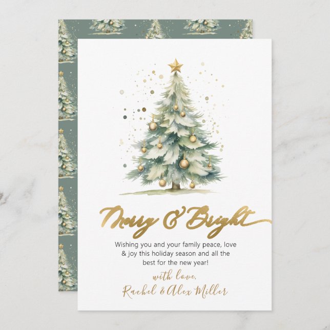 Elegant Merry and Bright Script Tree Non Photo Holiday Card (Front/Back)