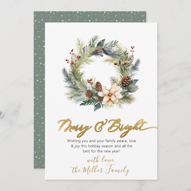 Elegant Merry and Bright Script Wreath Greenery Holiday Card (Front/Back)
