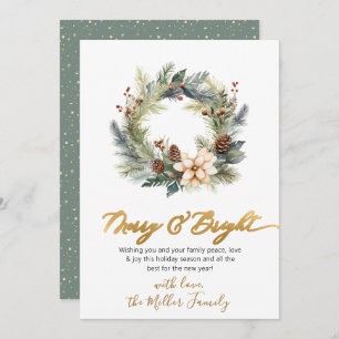 Elegant Merry and Bright Script Wreath Greenery Holiday Card