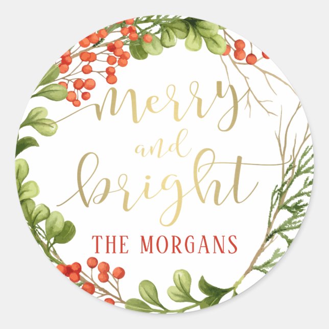 Elegant Merry and Bright Wreath Holiday Classic Round Sticker (Front)