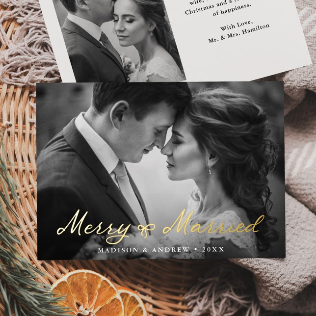 Elegant Merry and Married Bow Newlywed Photo Foil Holiday Card (Creator Uploaded)