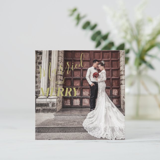 Elegant Merry and Married Photo Wedding  Thank You Card (Standing Front)