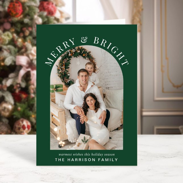 Elegant Merry Bright Arch Photo Green Christmas Card (Creator Uploaded)