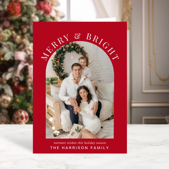 Elegant Merry Bright Arch Photo Red Christmas Card (Creator Uploaded)