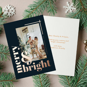 Elegant Merry & Bright Black Christmas Rose Gold  Foil Holiday Card