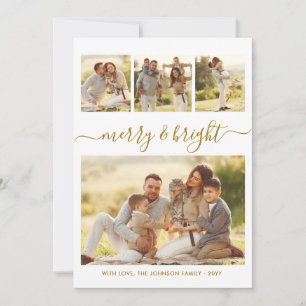 Elegant Merry & Bright Gold Script 4 Photo Collage Holiday Card