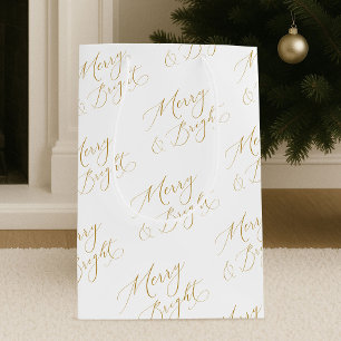 Elegant Merry & Bright Gold Script Christmas Medium Gift Bag