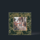 Elegant Merry & Bright Photo Green Vintage Holiday Card<br><div class="desc">Elegant vintage green with gold brocade pattern Merry & Bright typography.  A beautiful brocade distressed design with your favourite photo in the centre.  Personalise with your message and name on the reverse side.  The perfect holiday greeting card.</div>