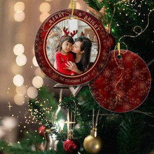 Elegant  Merry & Bright Photo Red Gold  Ceramic Tree Decoration