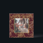 Elegant Merry & Bright Photo Red Gold Vintage Holiday Card<br><div class="desc">Elegant vintage red with gold brocade pattern Merry & Bright typography.  A beautiful brocade distressed design with your favourite photo in the centre.  Personalise with your message and name on the reverse side.  The perfect holiday greeting card.</div>