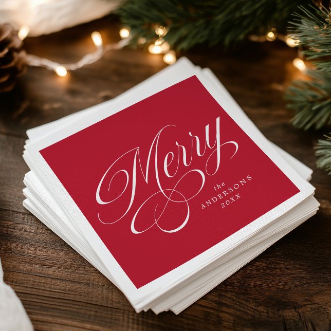 Elegant Merry Calligraphy Script Red Christmas Napkin (Creator Uploaded)