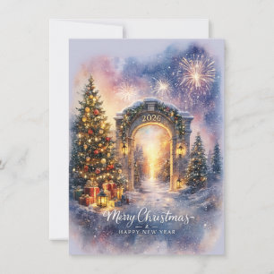 Elegant Merry Christmas 2026 Winter Gateway Scene Holiday Card