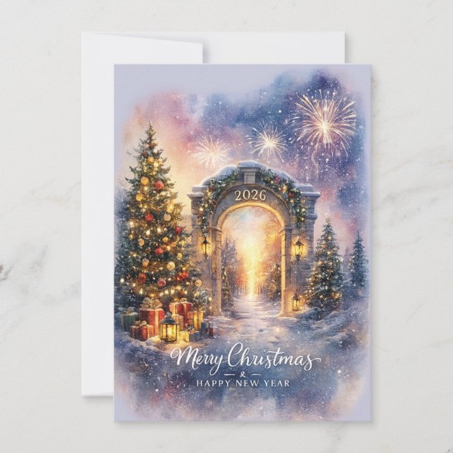 Elegant Merry Christmas 2026 Winter Gateway Scene Holiday Card (Front)