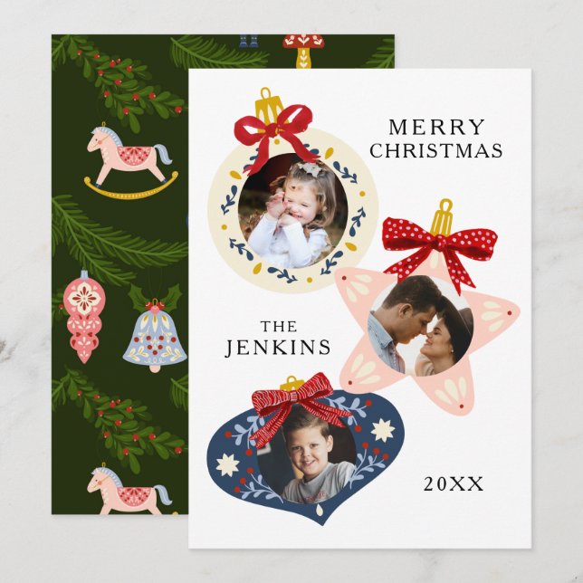 Elegant Merry Christmas 3 Photo Family Card (Front/Back)