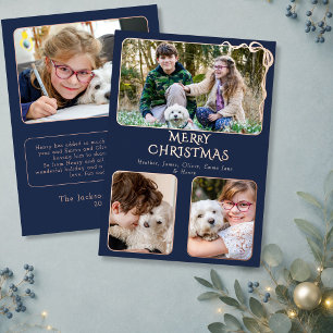 Elegant Merry Christmas 4 Photo Bow Navy Rose Gold Foil Holiday Card