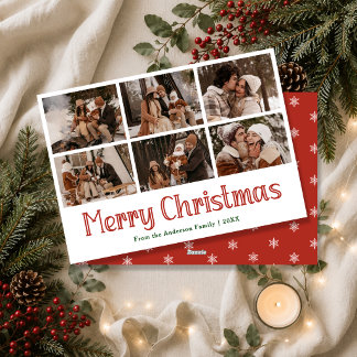 Elegant Merry Christmas 6 Family Photo Collage Holiday Card