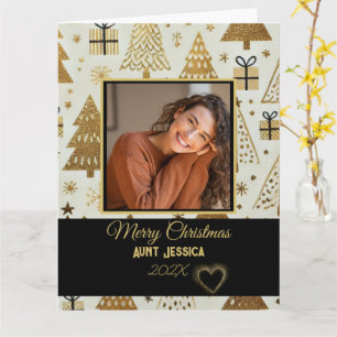 Elegant Merry Christmas Aunt Black and Gold Photo  Card