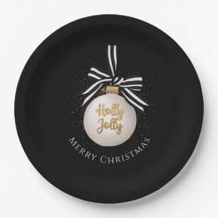 Elegant Merry Christmas Bauble Black  Paper Plate