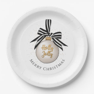 Elegant Merry Christmas Bauble White Black Paper Plate