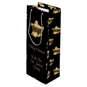 Elegant Merry Christmas Bells Black and Gold Look Wine Gift Bag