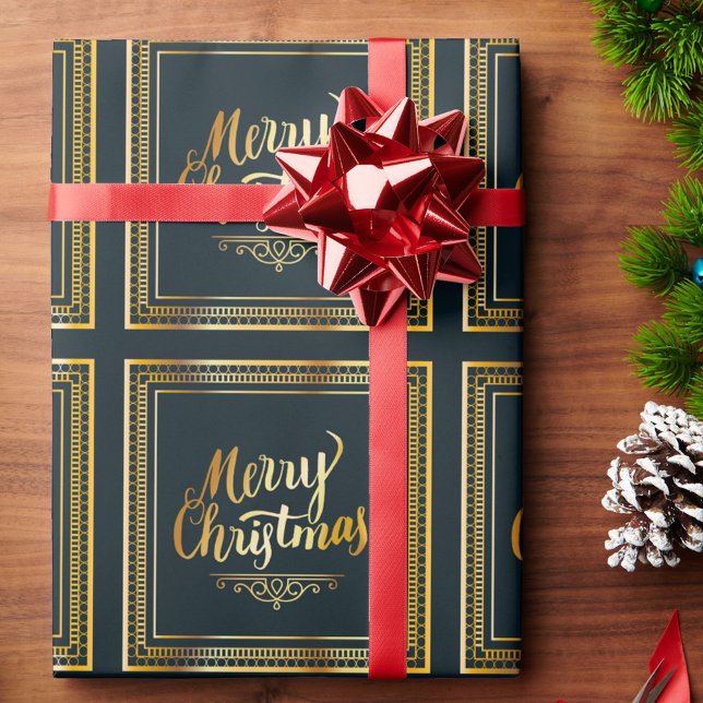 Elegant Merry Christmas Black & Gold Gift Wrapping Paper (Creator Uploaded)