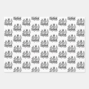 Elegant Merry Christmas Black White Gift Wrapping Paper Sheet