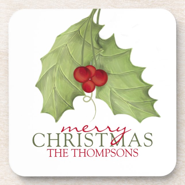 Elegant Merry Christmas Botanical Country Name Coaster (Front)